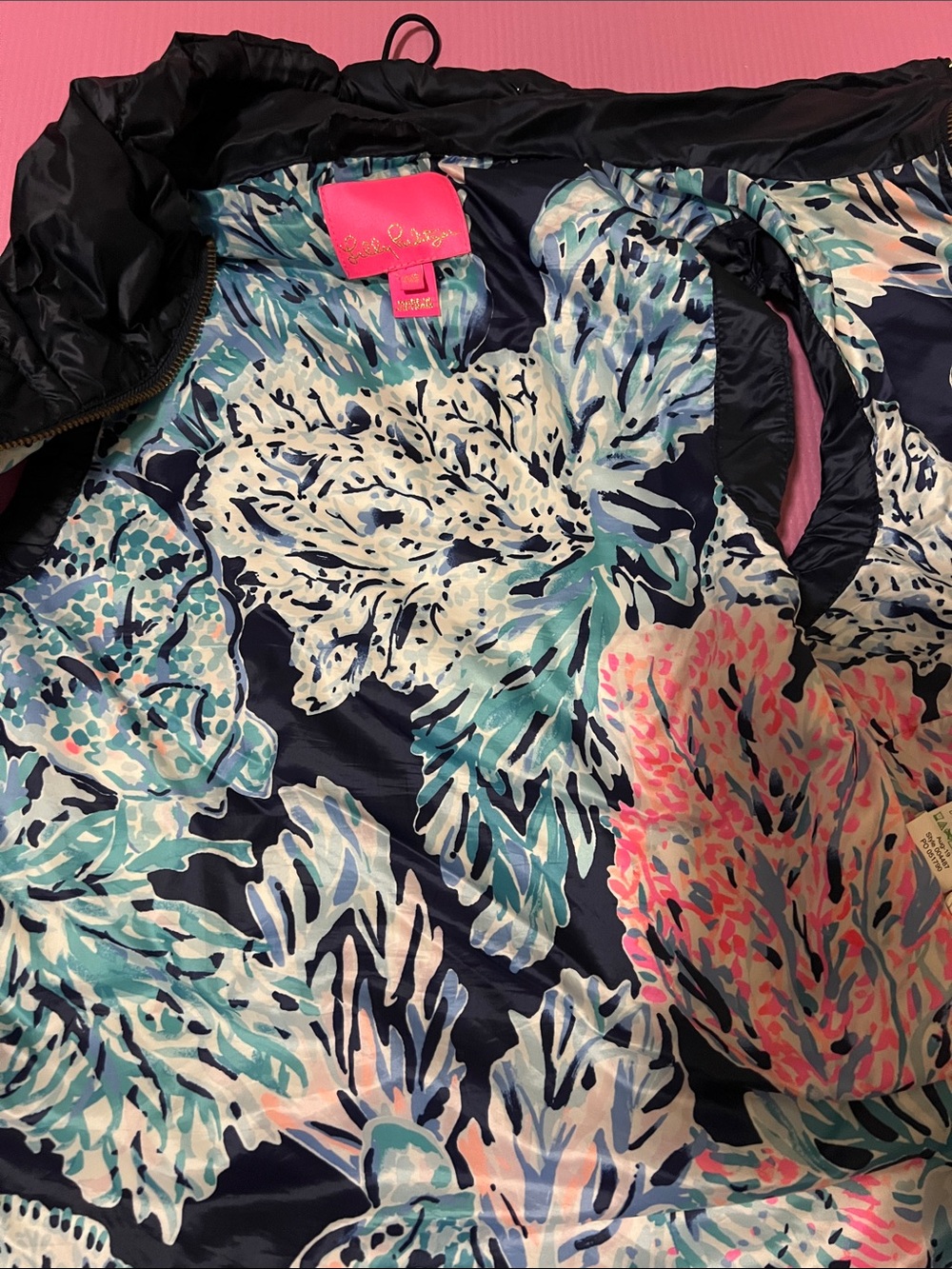 Lilly Pulitzer Navy Floral Packable Puffer Jacket with Aqua & Pink